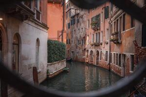 tranquilo Venecia canal ver mediante hierro portón sereno camino acuático y arquitectónico belleza foto