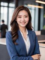 AI generated Asian business woman, happy confident positive female entrepreneur. photo