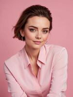 AI generated A working woman with high self-confidence, independent, modern, talkative, beautiful and charming, Pink background, Stylish portraits. photo