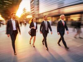 AI generated Bustling business scene in this captivating image featuring blurred motion of business people walking. The warm hues of the sunset cast a golden glow on the surroundings photo