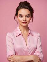 AI generated A working woman with high self-confidence, independent, modern, talkative, beautiful and charming, Pink background, Stylish portraits. photo