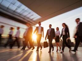 AI generated Bustling business scene in this captivating image featuring blurred motion of business people walking. The warm hues of the sunset cast a golden glow on the surroundings photo
