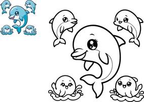 Coloring book with dolphin, vector illustration.