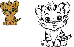 Tiger coloring book, cute cartoon character, for children creativity, print. vector