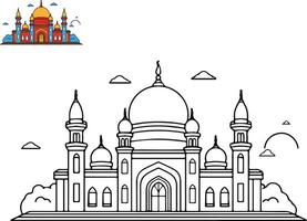 Vector illustration of coloring image of a mosque with colorful sample. Can be used for coloring books and coloring pages. flat vector