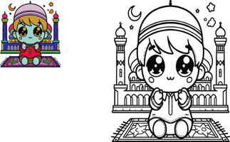 Vector illustration of coloring image of a mosque with colorful sample. Can be used for coloring books and coloring pages. flat vector