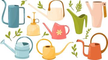 Watering Can Spring Set. Gardening equipment, care of plants and flowers.  Flat cartoon vector illustration.