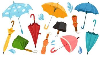 paraguas colocar. diferente paraguas en varios posiciones abierto, cerrado y doblada. lluvia proteger accesorios con manejas de diferente diseño, tipo. mano dibujado dibujos animados vector ilustración.