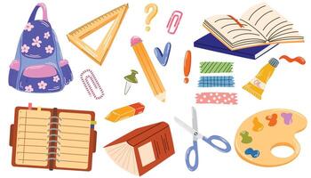 School and education cute stickers template set. Back to school. Bundle of textbooks, stationery supply, objects. Scrapbooking elements. vector