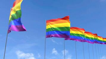 bucle vídeo de orgullo arco iris bandera ondulación en azul cielo fondo, lazo animación orgullo arco iris bandera bandera video