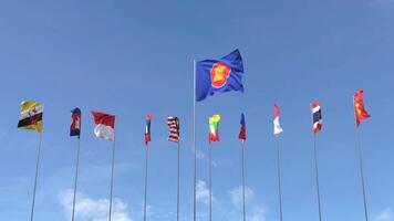 Looping video of ASEAN flag Waving on blue sky background, Loop Animation Asia nation flags