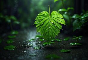 ai generado lloviendo oscuridad fondo de pantalla con verde hoja lleno hd foto