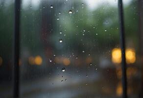 AI generated Raindrops trickling down on window glass during heavy rain photo