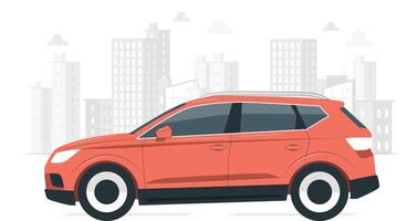 Car on the background of the city. Vector illustration in flat style.