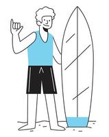 joven hombre en pie con tabla de surf vector ilustración