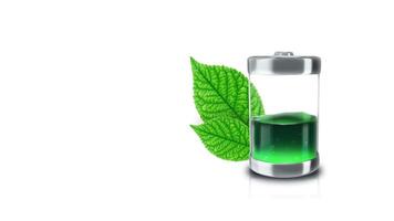 ökologisch Batterie ist gefüllt mit Grün Flüssigkeit mit Grün Blätter auf ein Weiß Hintergrund video