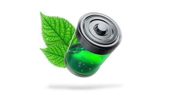 Ecological battery is filled with green liquid with green leaves on a white background video