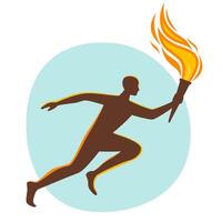 Man runs and carries burning torch in his hand. Symbol of relay race, competition victory, champion or winner. Vector illustration.