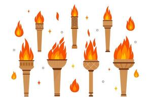 Set of burning torches. Fire flame options. Vector illustration on isolated background.