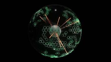 Energy pulsing energy ball with neon green-orange lines on black background video