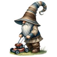 ai généré gnome avec tondeuse à gazon dans jardin illustration png