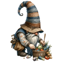 ai généré gnome récolte des légumes dans panier png