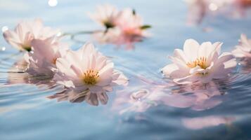 AI generated Pink flowers floating on water. Tender feminine background with copy space. Ai generative photography photo