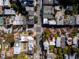 Panoramic view of aerial Lombard Street, an east west street in San Francisco, California. photo