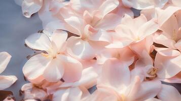 AI generated Pink flowers floating on water. Tender feminine background with copy space. Ai generative photography photo