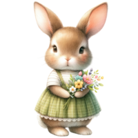 ai généré illustration de une lapin dans une vert robe avec Pâques des œufs png