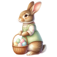 ai generiert ein herrlich Illustration von ein Hase mit ein Korb randvoll mit bunt Ostern Eier. png