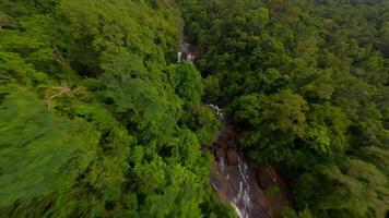 dynamisk fpv flyg över tropisk flod och vattenfall i de frodig djungel i thailand video