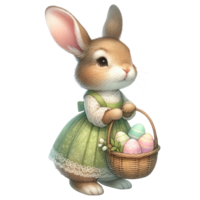 ai generiert ein herrlich Illustration von ein Hase mit ein Korb randvoll mit bunt Ostern Eier. png