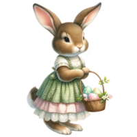 ai généré une délicieux illustration de une lapin avec une panier débordant avec coloré Pâques des œufs. png