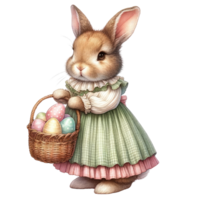 AI generated A delightful illustration of a bunny with a basket brimming with colorful Easter eggs. png