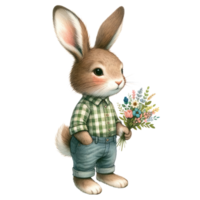 ai généré lapin avec salopette et Pâques fleurs illustration png