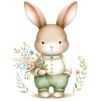 ai généré lapin avec salopette et Pâques fleurs illustration png