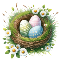 ai generato Pasqua uova nido con margherite illustrazione png