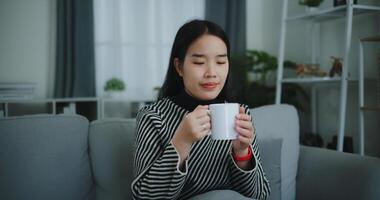 retrato de relajante joven mujer participación taza disfrutar oler café o té y Bebiendo con felicidad en Mañana mientras sentar en sofá en vivo habitación, gratis tiempo, toma descanso en casa, sonriendo foto