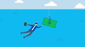 money trap,  4k animation of businessman dives into the business seas, baiting his hook with a dollar notes. video