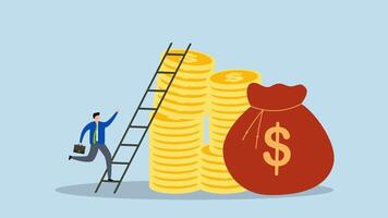 Ladder of success in financial target,  4k animation of Businessman climbs the ladder to the top of heap of money coins, achieving affluent and wealthy aims. video