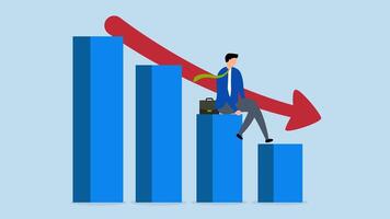 Economic recession,  4k animation of business owner seated on a falling down bar graph and a red arrow. video