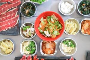 sprout salad , Korean salad and Kimchi or seaweed salad and beef or Korean salad photo