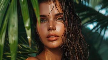 AI generated beautiful tanned girl with natural make-up and wet hair stands in the jungle among exotic plants. photo