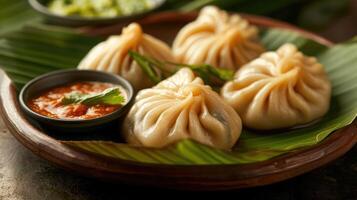 AI generated delicious momos with chutney on the leaf. captured with selective focus . photo