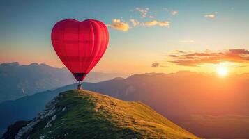 AI generated Red hot air balloon in the shape of a heart flying over the mountain photo