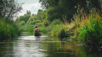 ai generado captura pescado en el vagoneta en el río en verano. foto