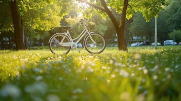 AI generated White bicycle in fresh summer park photo