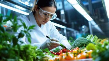 ai generado comida calidad controlar experto inspeccionando especímenes de comestibles en el laboratorio foto