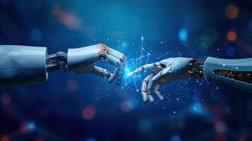 AI generated AI, Machine learning, Hands of robot and human touching on big data network connection, Data exchange, deep learning, Science and artificial intelligence technology photo